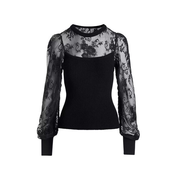 Boston Proper Lace Illusion Balloon-Sleeve Sweater - Black L - Picture 1 of 9